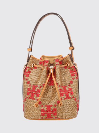 TORY BURCH T Monogram Mini Raffia Bucket Bag with Jacquard Logo