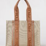CHLOÉ Woody Tote Bag in Linen and Cotton with Jacquard Logo