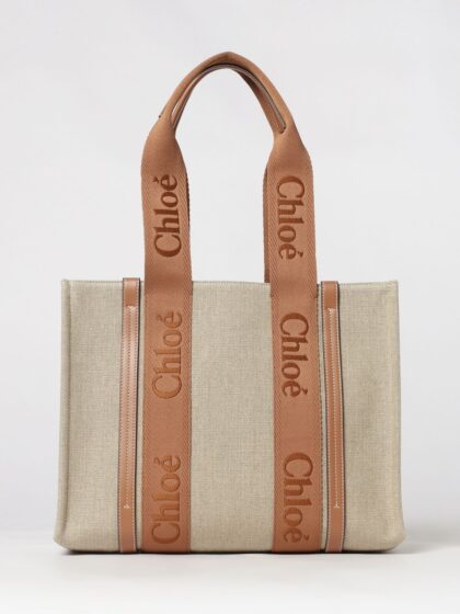 CHLOÉ Woody Tote Bag in Linen and Cotton with Jacquard Logo