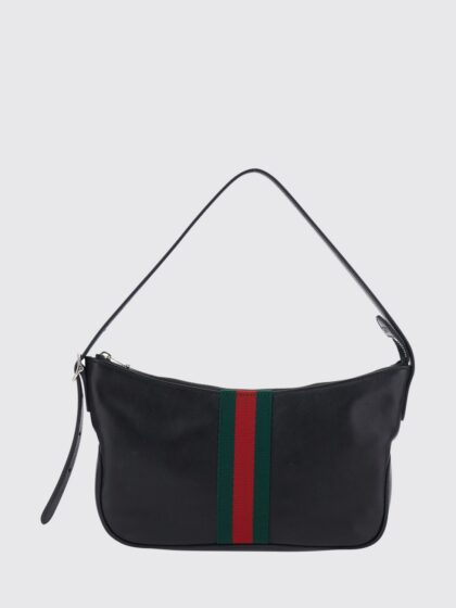GUCCI Lunetta Mini Shoulder Bag in Black Smooth Leather with Web Stripe