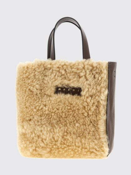 MARNI Bicolor Museo Tote Bag in Shearling with Strap