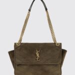 SAINT LAURENT Niki Quilted Suede Shoulder Bag with YSL Logo