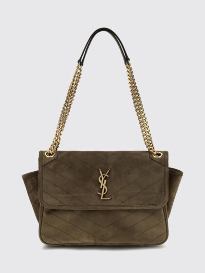 SAINT LAURENT Niki Quilted Suede Shoulder Bag with YSL Logo
